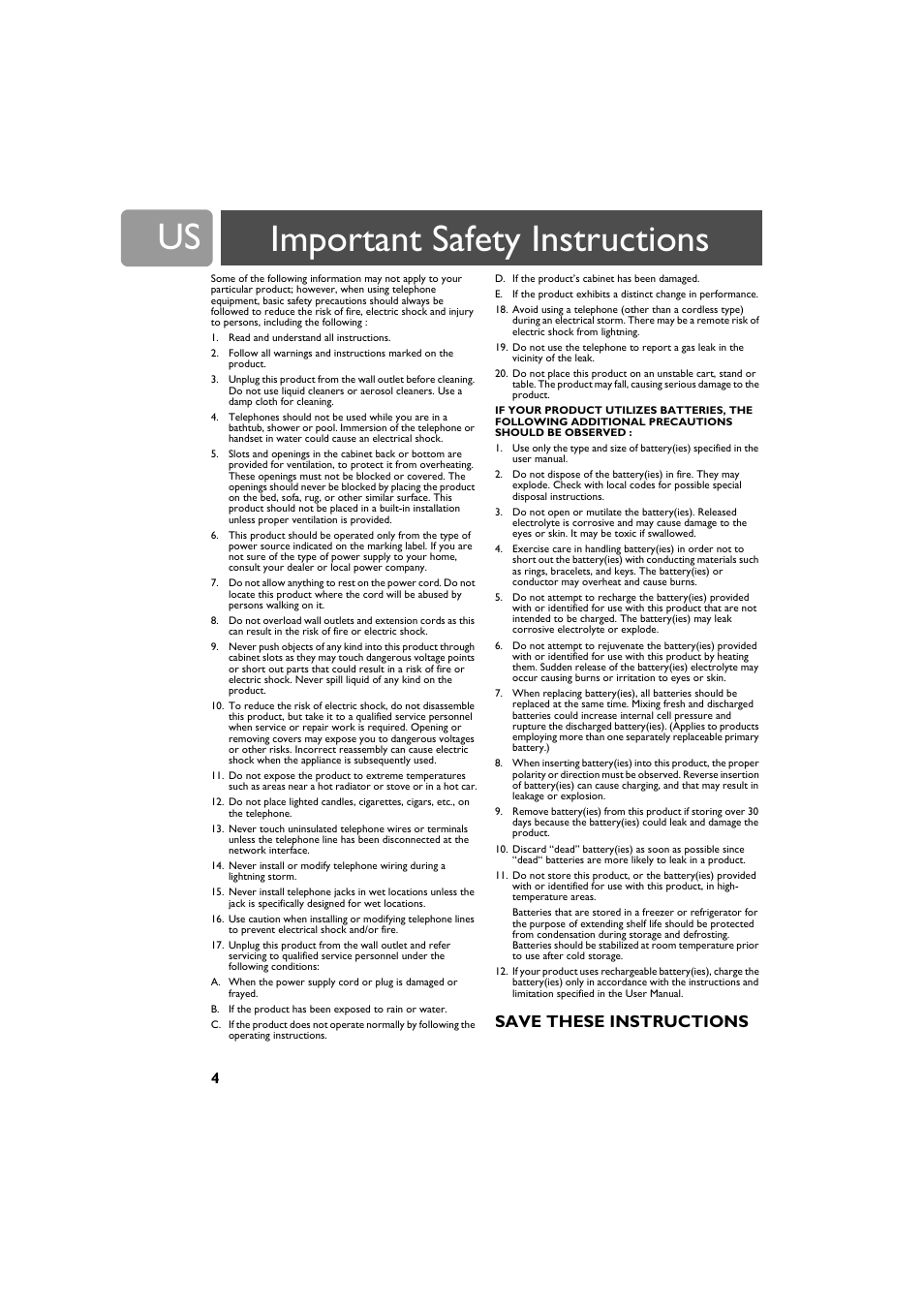 Important safety instructions, Save these instructions | Philips VOIP0801B-37 User Manual | Page 4 / 26