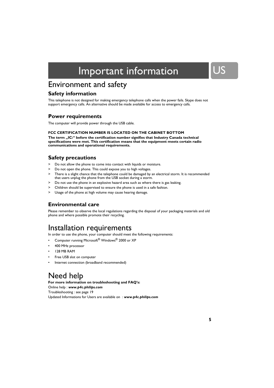 Important information, Environment and safety, Safety information | Power requirements, Safety precautions, Environmental care, Installation requirements, Need help | Philips VOIP0801B-37 User Manual | Page 5 / 26