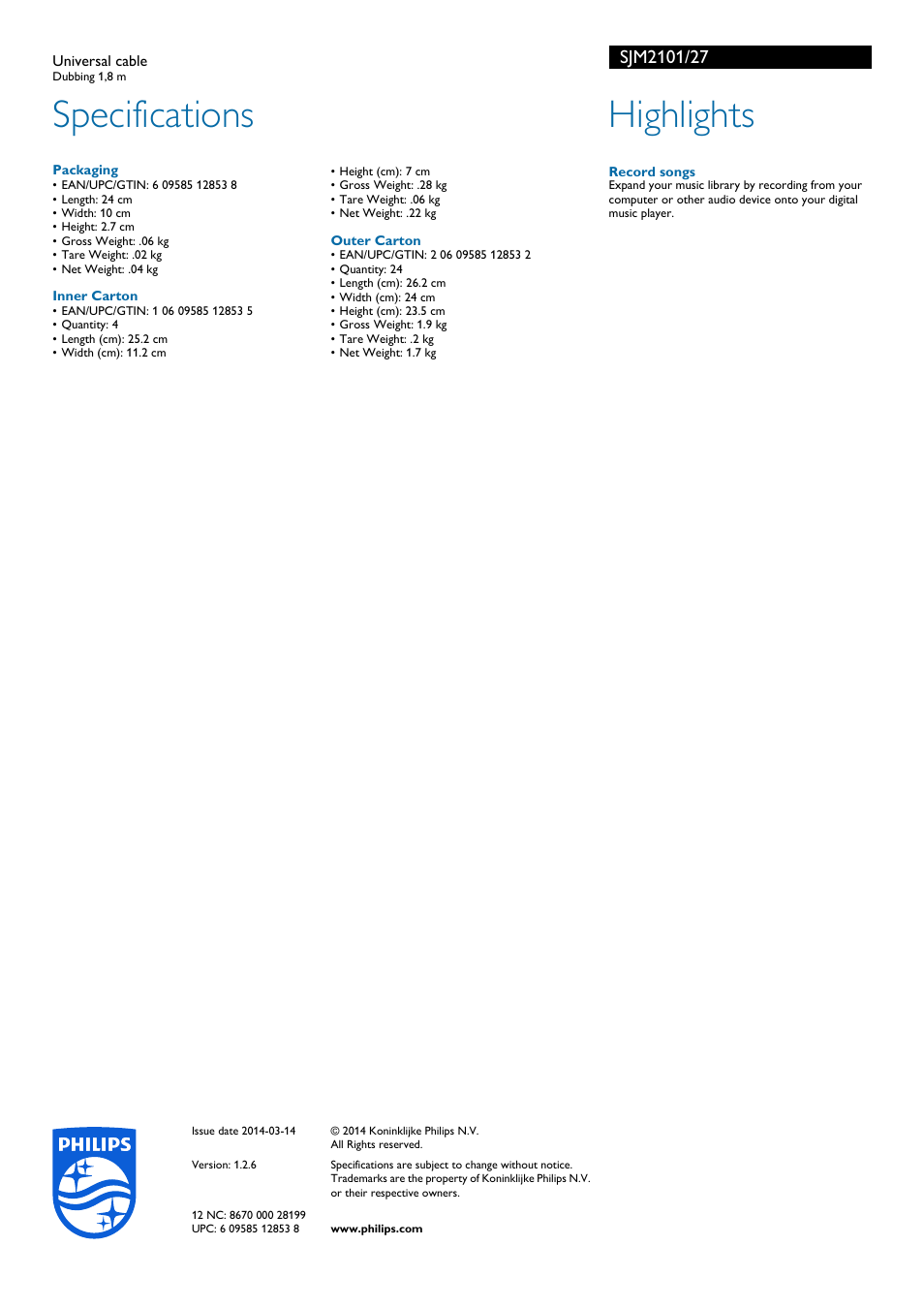 Specifications, Highlights | Philips SJM2101-27 User Manual | Page 2 / 2