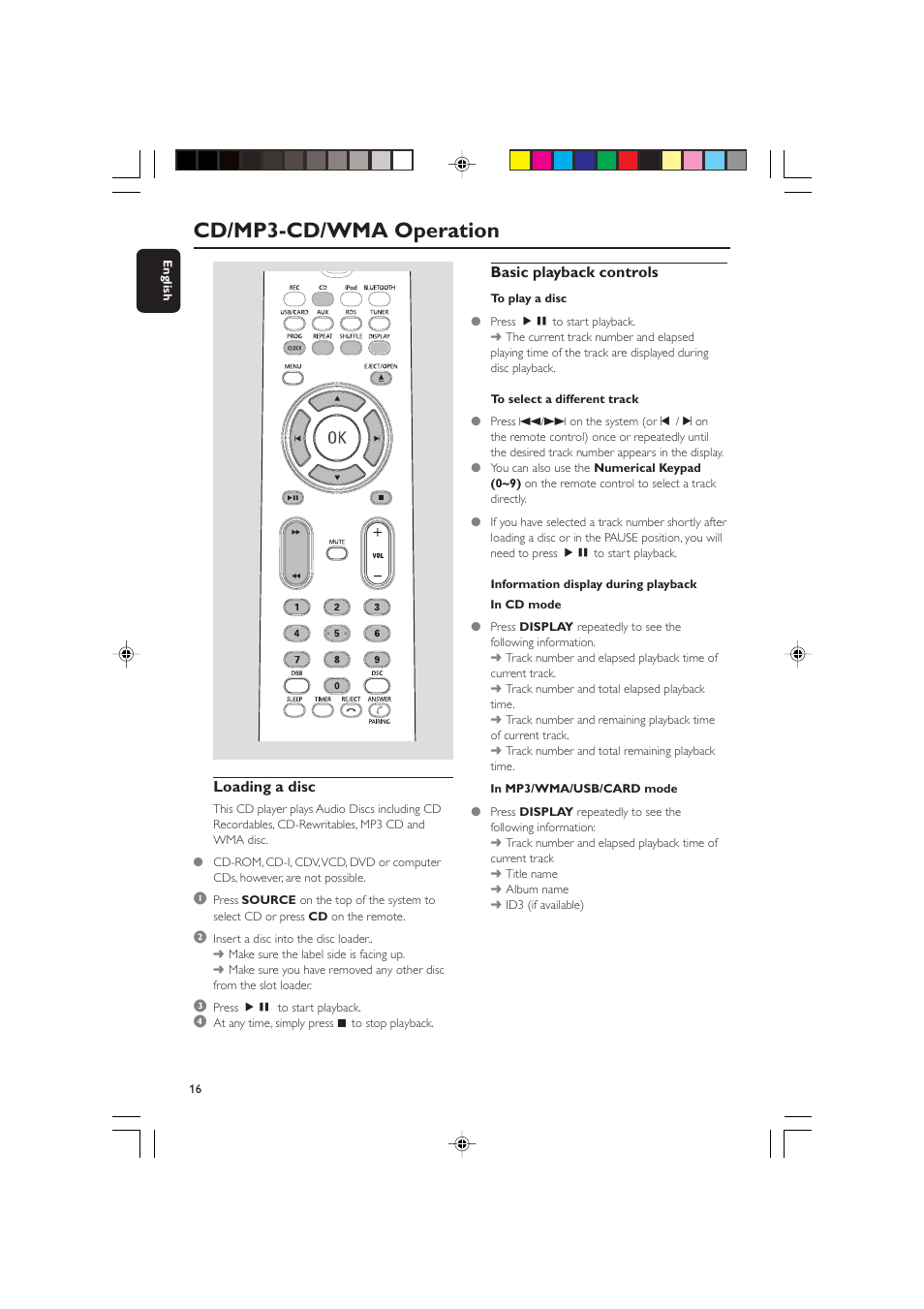 Cd/mp3-cd/wma operation, Basic playback controls, Loading a disc | Philips BTM630-37B User Manual | Page 16 / 34