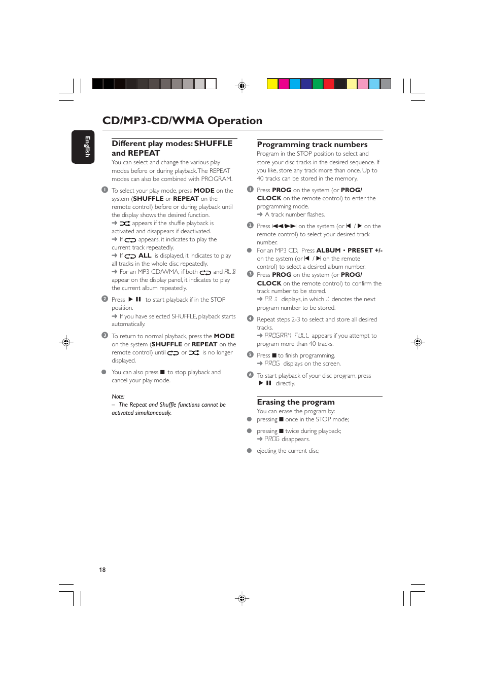 Cd/mp3-cd/wma operation, Different play modes: shuffle and repeat, Programming track numbers | Erasing the program | Philips BTM630-37B User Manual | Page 18 / 34