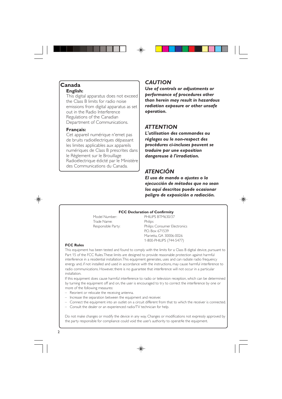 Canada, Caution, Attention | Atención | Philips BTM630-37B User Manual | Page 2 / 34