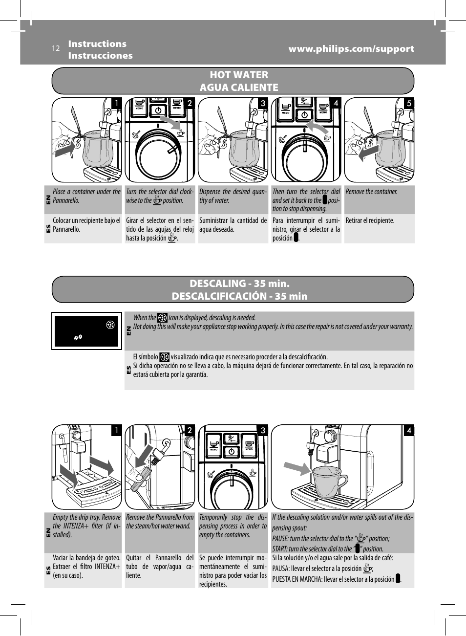 Hot water agua caliente, Descaling - 35 min, Descalcificación - 35 min | Philips HD8833-47 User Manual | Page 12 / 60