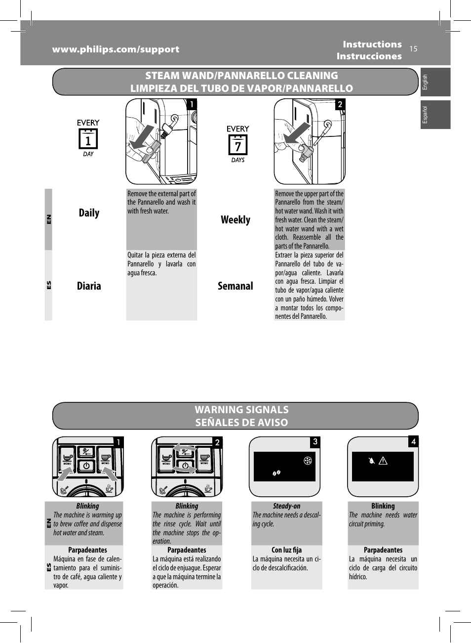 Daily, Weekly, Diaria | Semanal | Philips HD8833-47 User Manual | Page 15 / 60