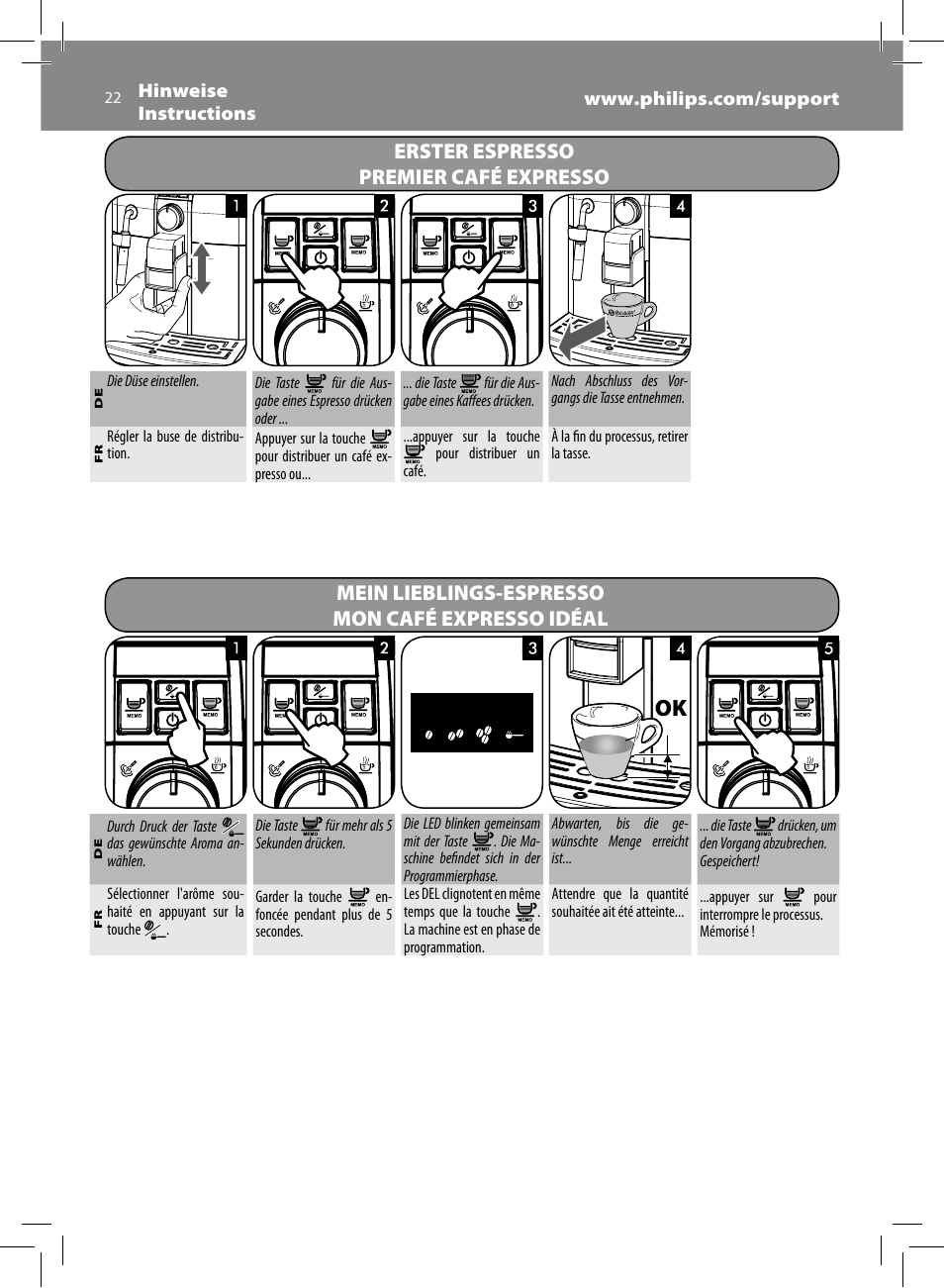 Erster espresso premier café expresso, Mein lieblings-espresso mon café expresso idéal | Philips HD8833-47 User Manual | Page 22 / 60