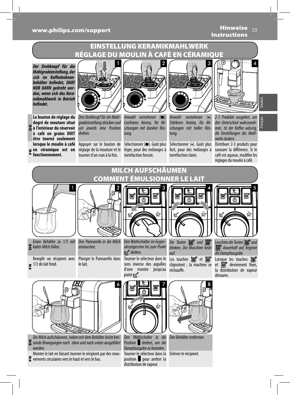 Milch aufschäumen comment émulsionner le lait | Philips HD8833-47 User Manual | Page 23 / 60