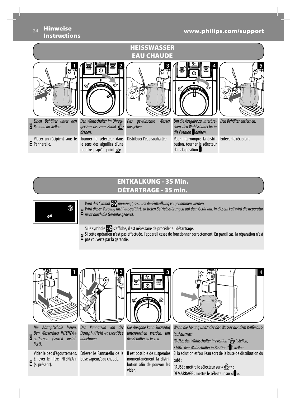 Heisswasser eau chaude, Entkalkung - 35 min. détartrage - 35 min | Philips HD8833-47 User Manual | Page 24 / 60