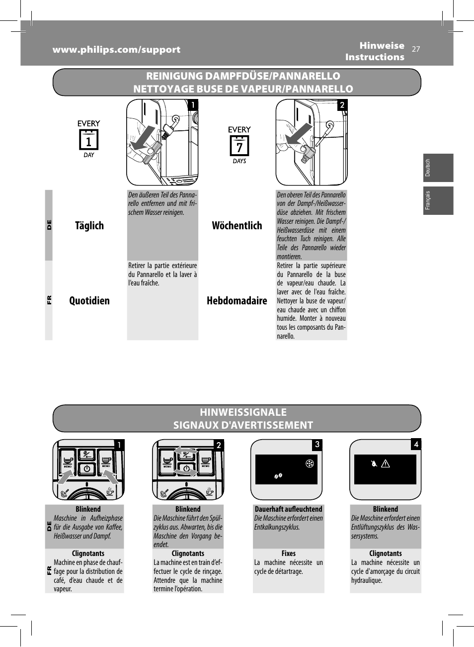 Täglich, Wöchentlich, Quotidien | Hebdomadaire | Philips HD8833-47 User Manual | Page 27 / 60