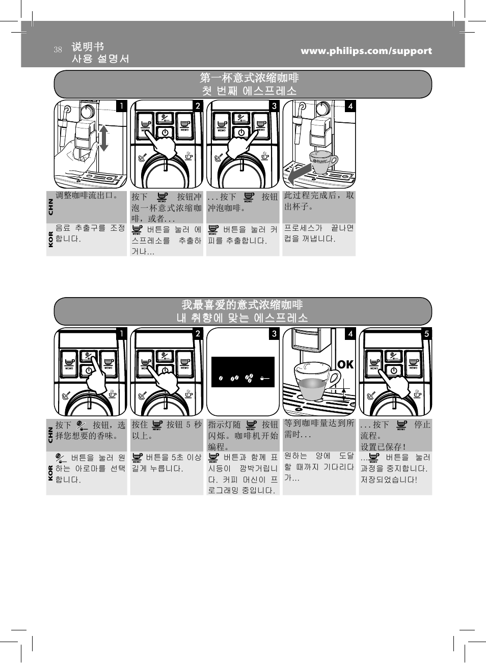 第一杯意式浓缩咖啡, 第一杯意式浓缩咖啡 첫 번째 에스프레소 첫 번째 에스프레소, 我最喜爱的意式浓缩咖啡 | 我最喜爱的意式浓缩咖啡 내 취향에 맞는 에스프레소 내 취향에 맞는 에스프레소 | Philips HD8833-47 User Manual | Page 38 / 60