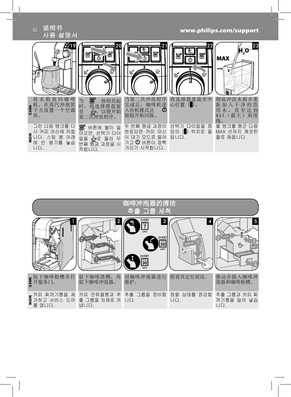 咖啡冲泡器的清洁, 咖啡冲泡器的清洁 추출 그룹 세척 추출 그룹 세척 | Philips HD8833-47 User Manual | Page 42 / 60