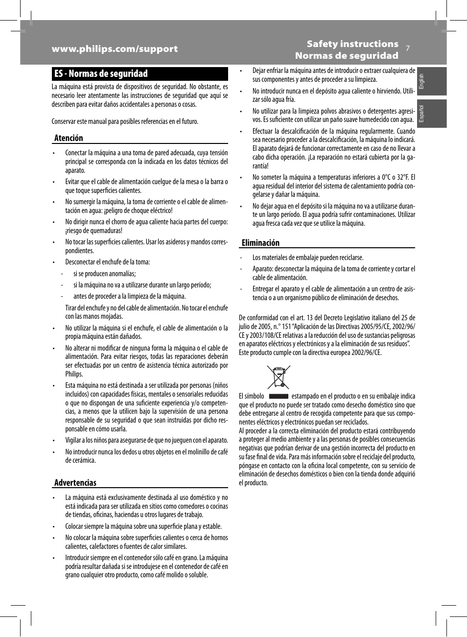 Es - normas de seguridad | Philips HD8833-47 User Manual | Page 7 / 60