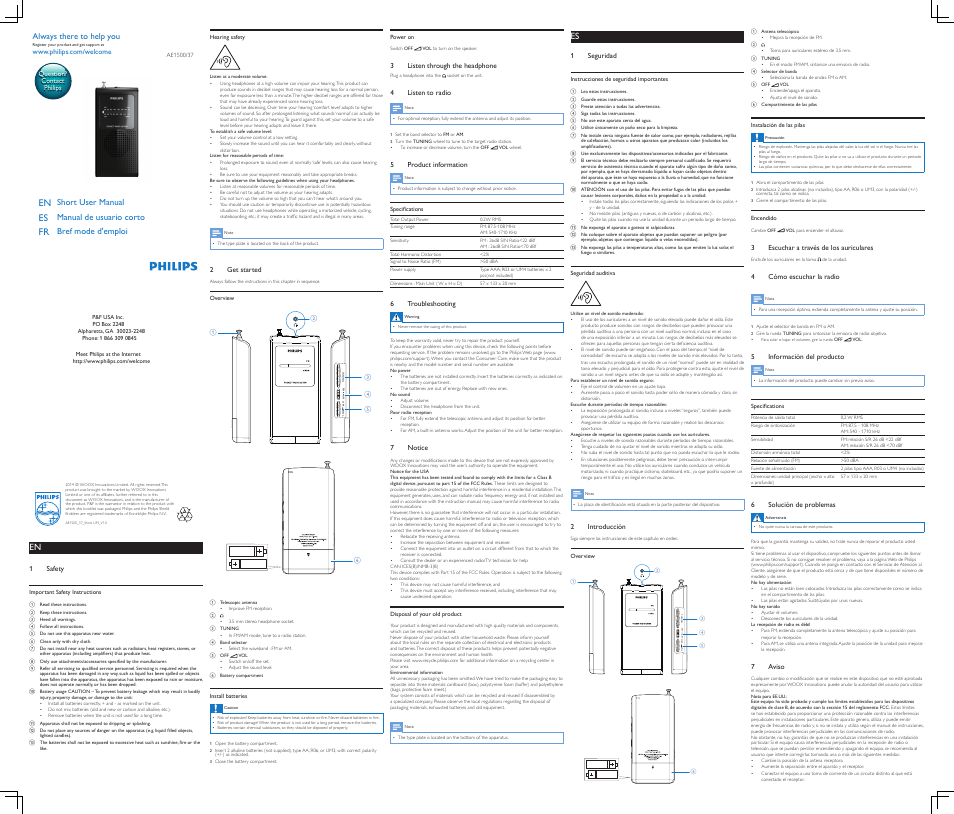 Philips Portable Radio AE1500 FM-AM Analogue tuning Built-in speaker Headphone jack Battery operated User Manual | 2 pages