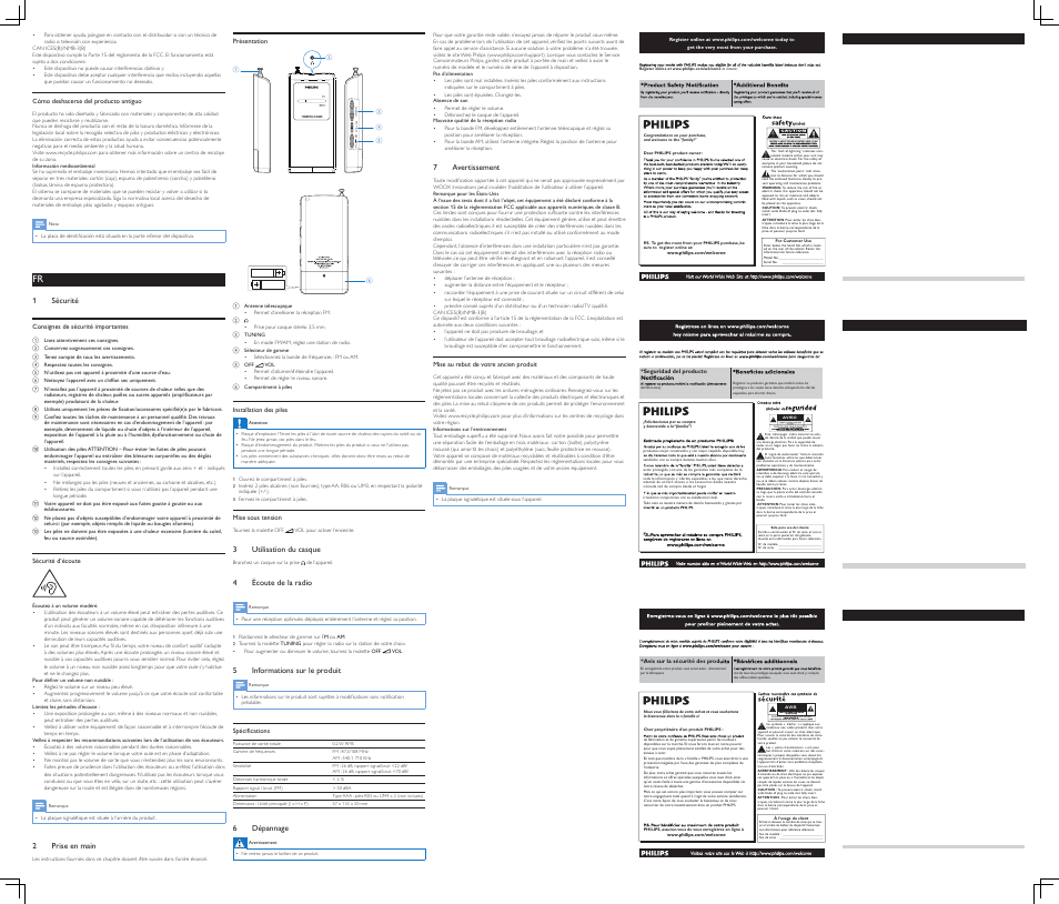 1 sécurité, 2prise en main, 3utilisation du casque | 4écoute de la radio, 5informations sur le produit, 6 dépannage, 7 avertissement | Philips Portable Radio AE1500 FM-AM Analogue tuning Built-in speaker Headphone jack Battery operated User Manual | Page 2 / 2