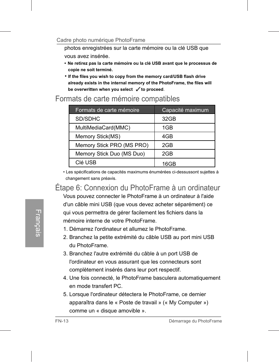 Étape 6: connexion du photoframe à un ordinateur, Formats de carte mémoire compatibles | Philips SPF3071-G7 User Manual | Page 102 / 128