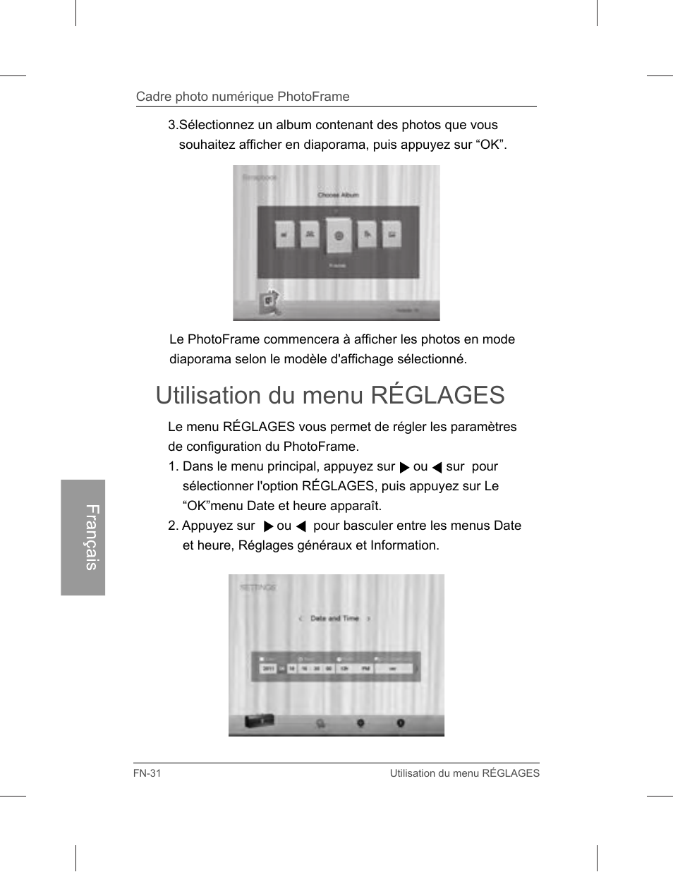 Utilisation du menu réglages | Philips SPF3071-G7 User Manual | Page 120 / 128