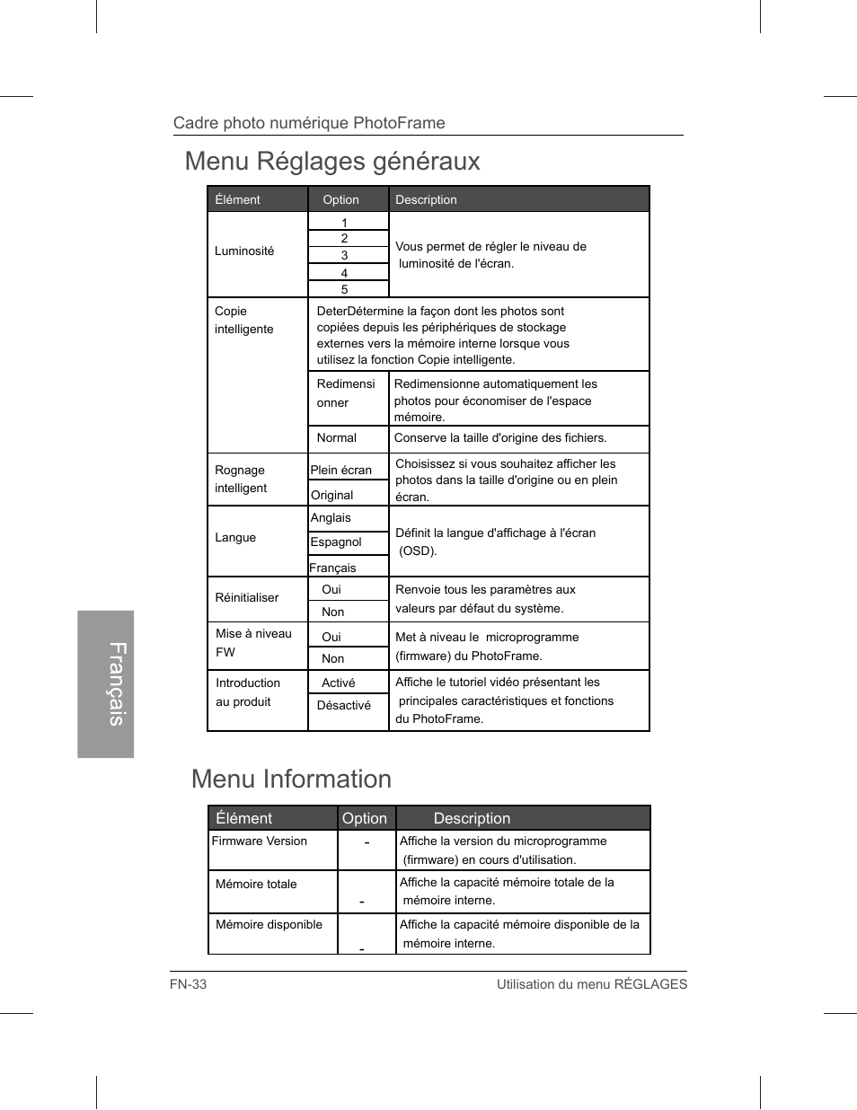 Menu réglages généraux menu information, Cadre photo numérique photoframe | Philips SPF3071-G7 User Manual | Page 122 / 128