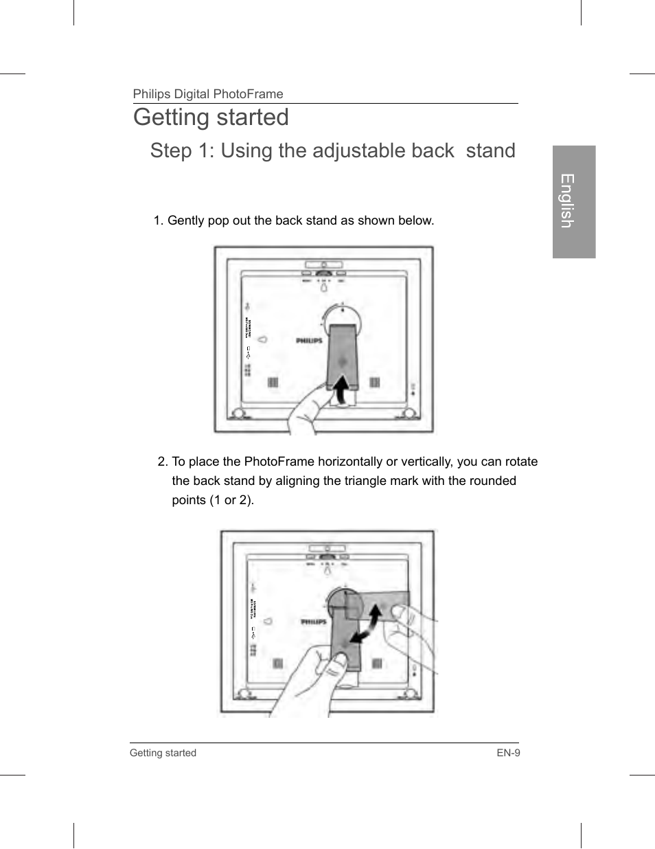 Getting started, Step 1: using the adjustable back stand | Philips SPF3071-G7 User Manual | Page 15 / 128