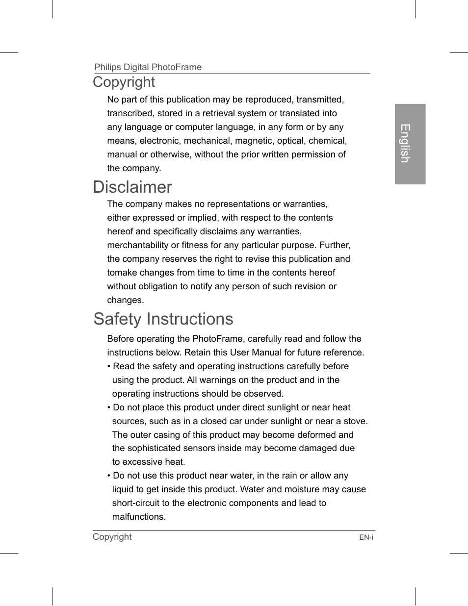 Disclaimer, Safety instructions, Copyright | Philips SPF3071-G7 User Manual | Page 3 / 128