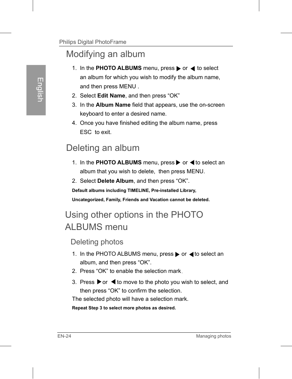 Modifying an album, Deleting photos | Philips SPF3071-G7 User Manual | Page 30 / 128