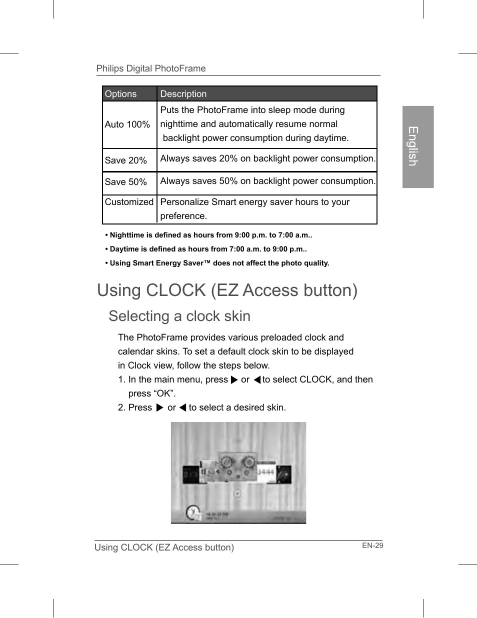 Using clock (ez access button), Selecting a clock skin | Philips SPF3071-G7 User Manual | Page 35 / 128