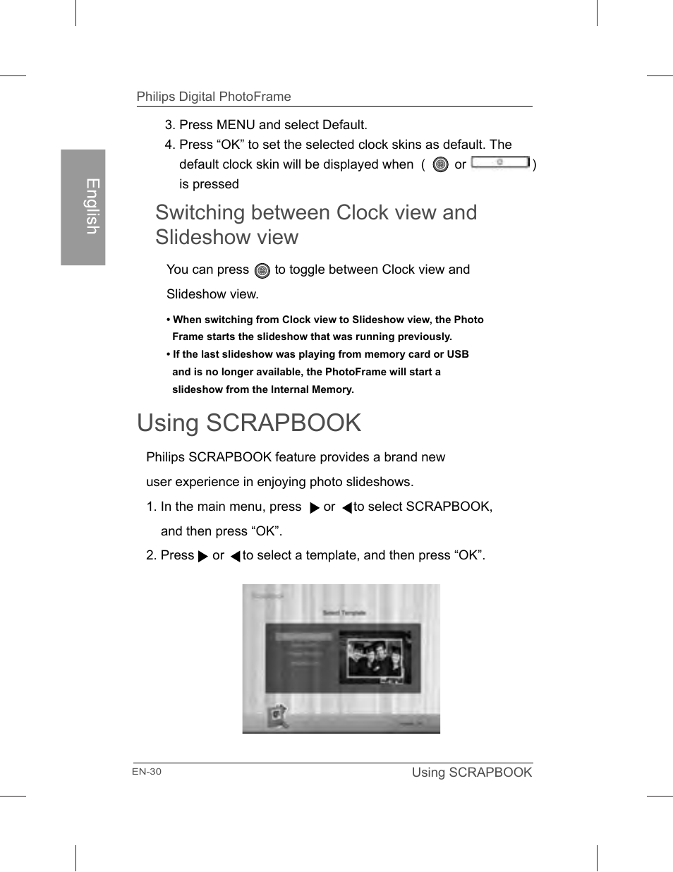 Using scrapbook, Switching between clock view and slideshow view | Philips SPF3071-G7 User Manual | Page 36 / 128