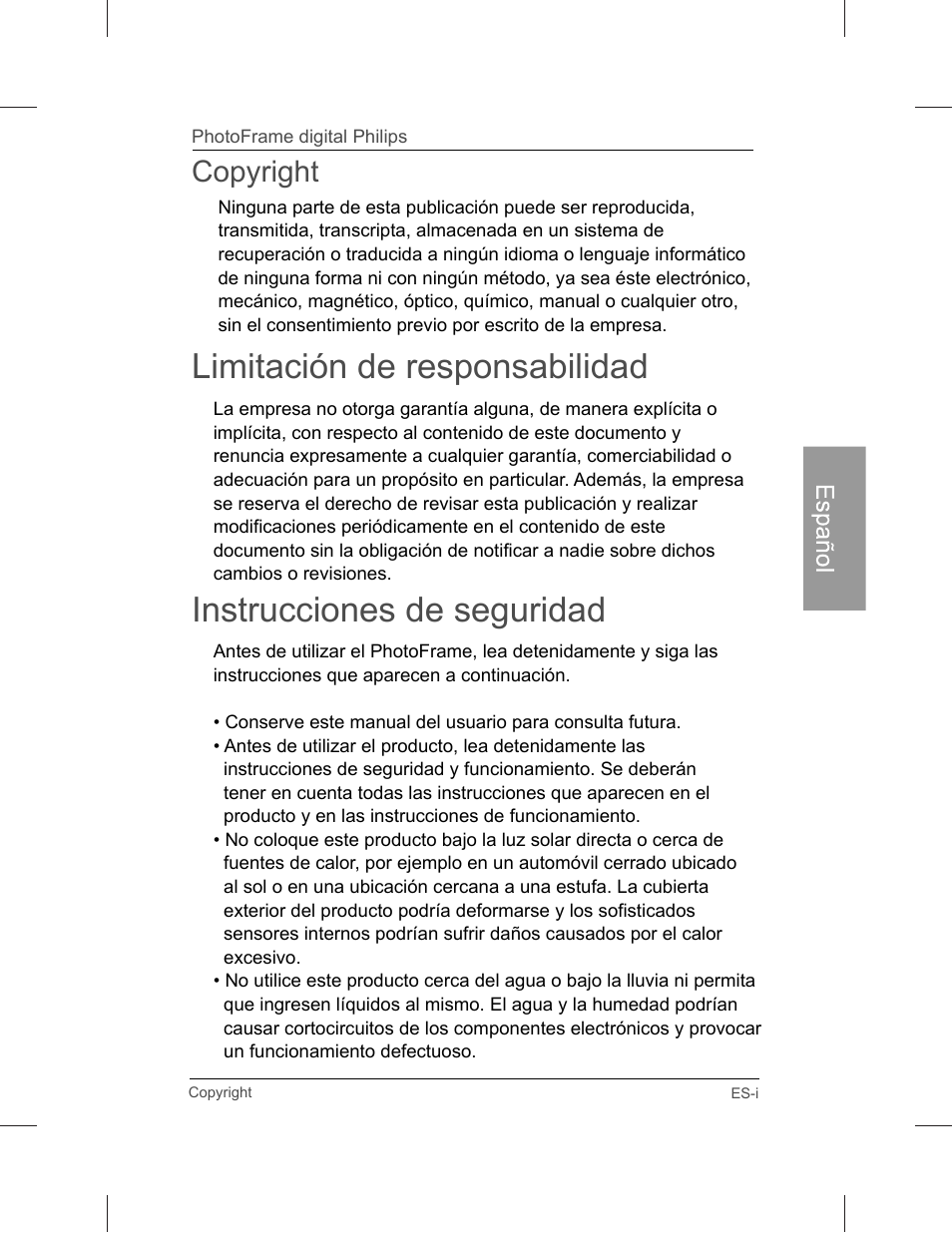 Limitación de responsabilidad, Instrucciones de seguridad, Copyright | Philips SPF3071-G7 User Manual | Page 45 / 128