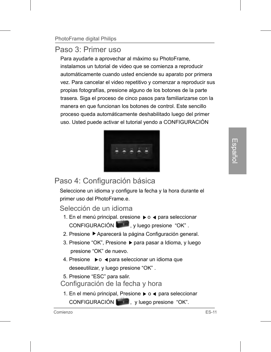 Paso 3: primer uso, Paso 4: configuración básica, Selección de un idioma | Configuración de la fecha y hora | Philips SPF3071-G7 User Manual | Page 59 / 128