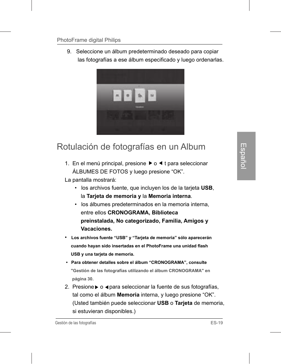 Rotulación de fotografías en un album, Español | Philips SPF3071-G7 User Manual | Page 67 / 128