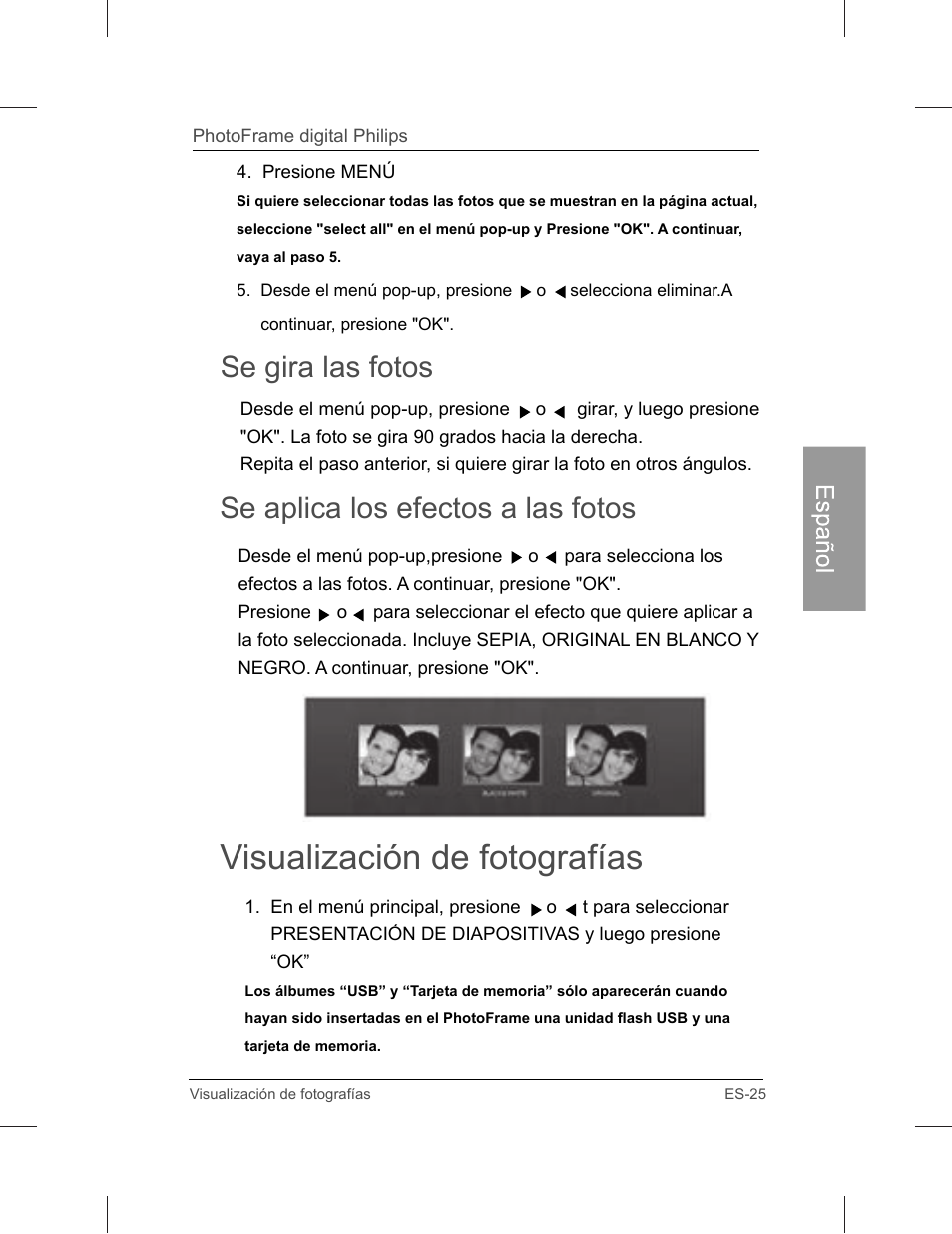 Visualización de fotografías, Se gira las fotos, Se aplica los efectos a las fotos | Philips SPF3071-G7 User Manual | Page 73 / 128