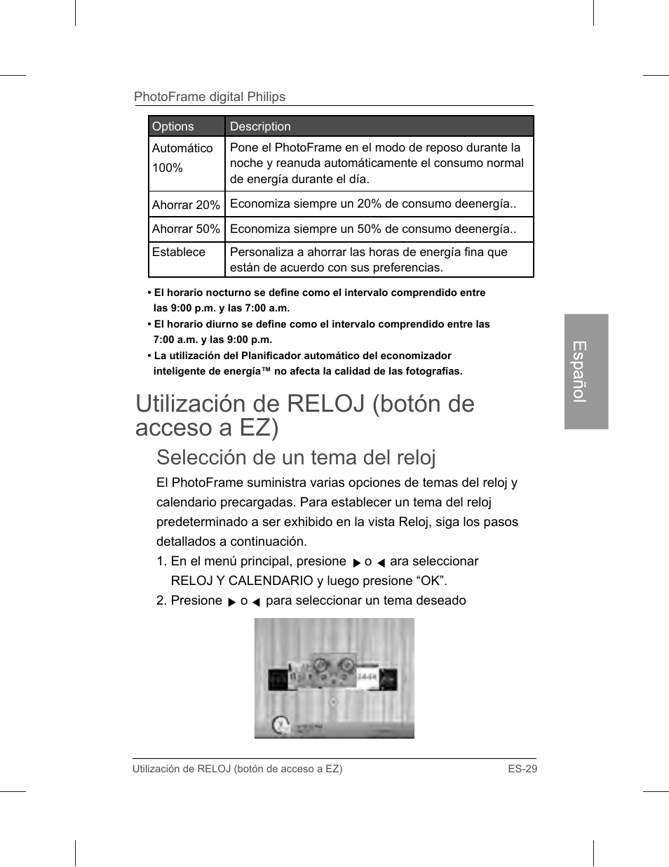 Utilización de reloj (botón de acceso a ez), Selección de un tema del reloj | Philips SPF3071-G7 User Manual | Page 77 / 128