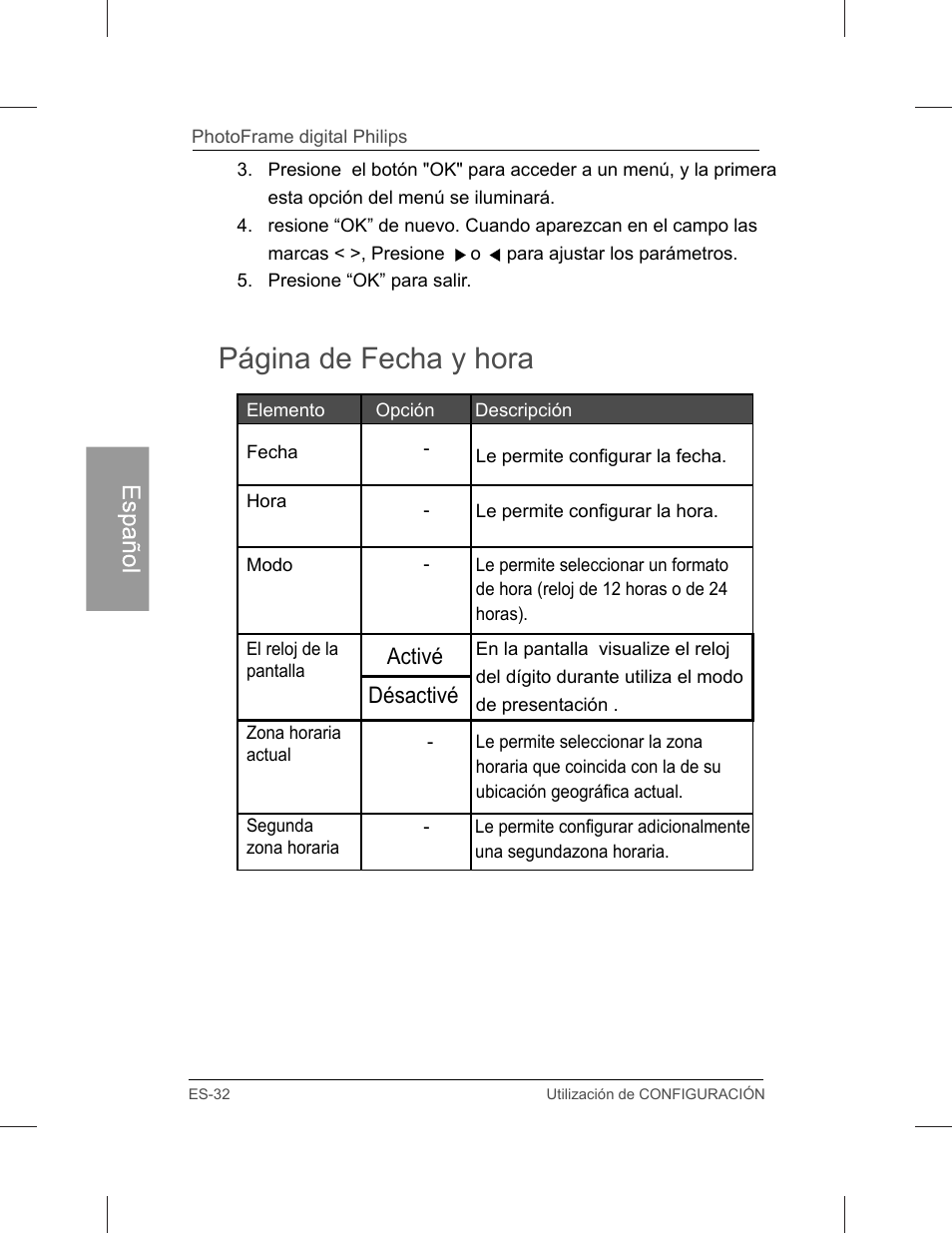 Página de fecha y hora, Activé désactivé | Philips SPF3071-G7 User Manual | Page 80 / 128