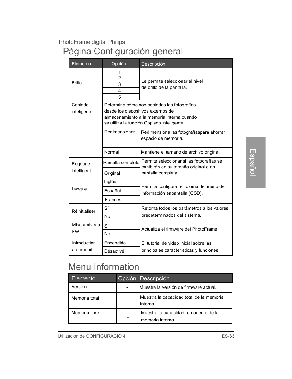 Página configuración general menu information, Español | Philips SPF3071-G7 User Manual | Page 81 / 128