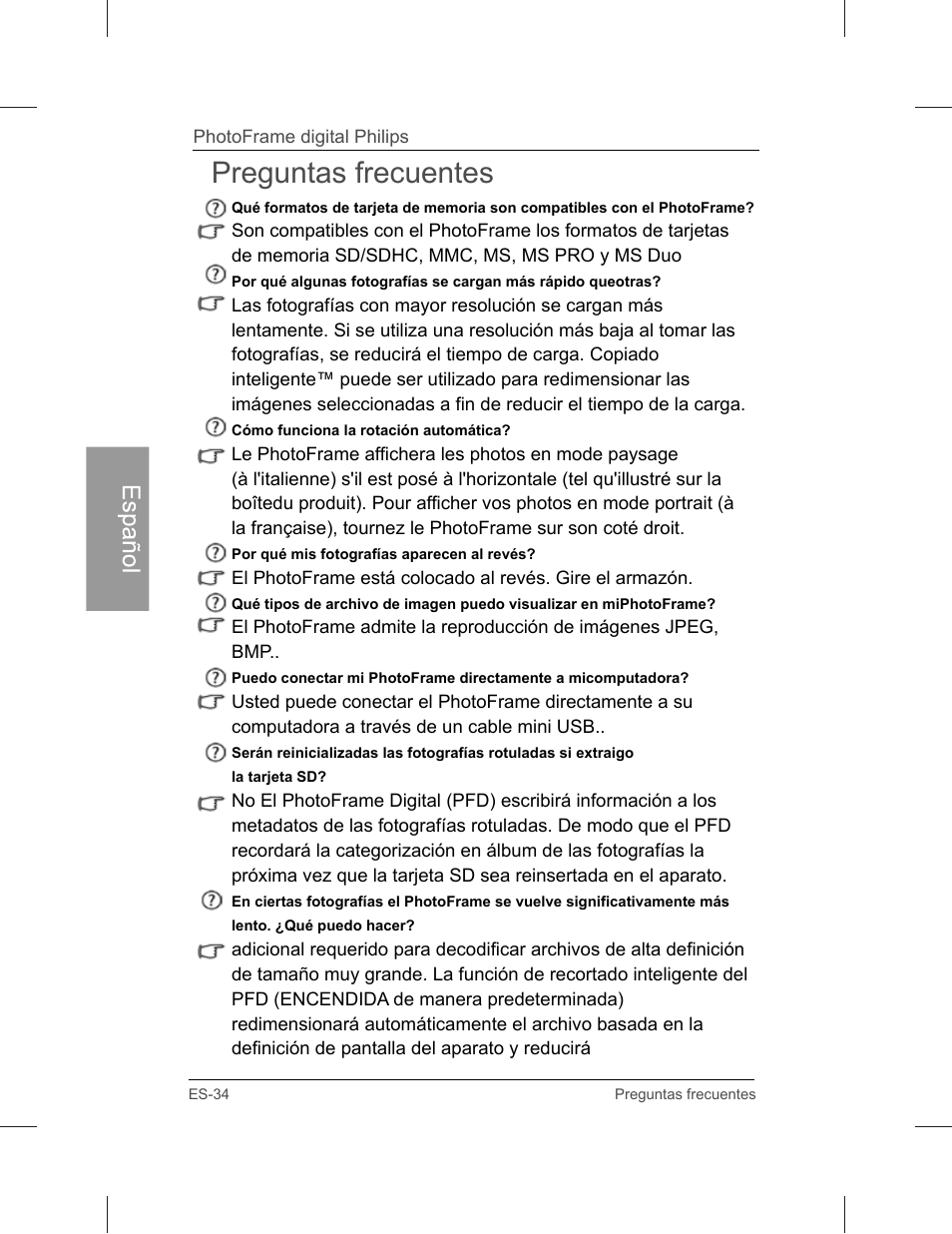 Preguntas frecuentes, Español | Philips SPF3071-G7 User Manual | Page 82 / 128