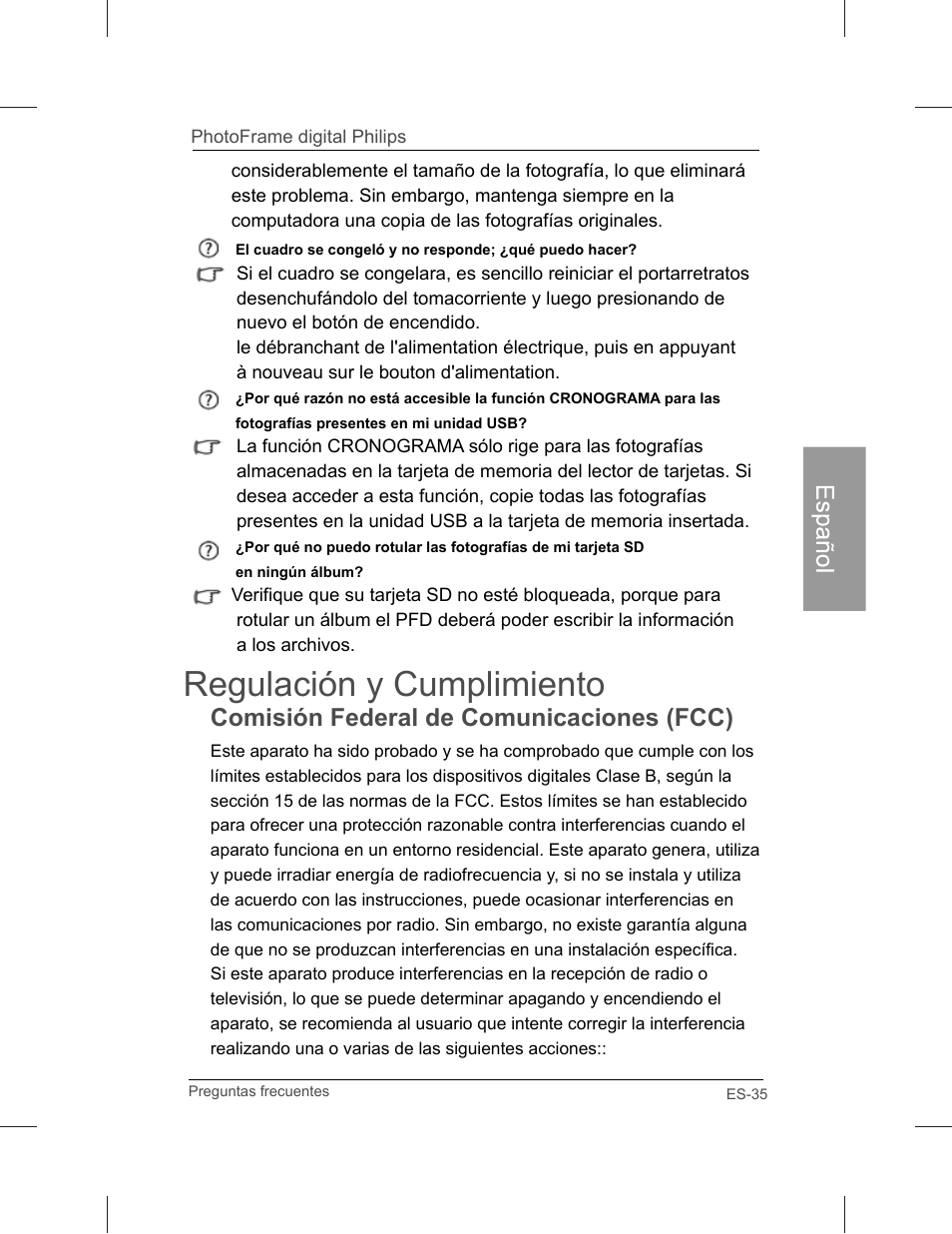 Regulación y cumplimiento, Comisión federal de comunicaciones (fcc) | Philips SPF3071-G7 User Manual | Page 83 / 128