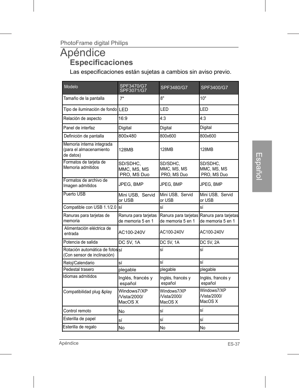 Apéndice, Especificaciones, Español | Photoframe digital philips | Philips SPF3071-G7 User Manual | Page 85 / 128