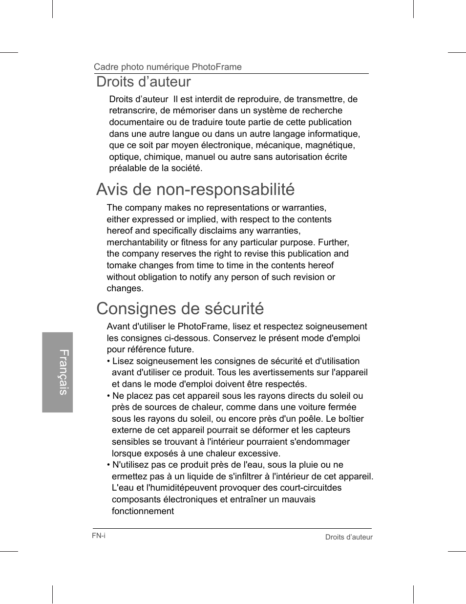 Avis de non-responsabilité, Consignes de sécurité, Droits d’auteur | Philips SPF3071-G7 User Manual | Page 86 / 128