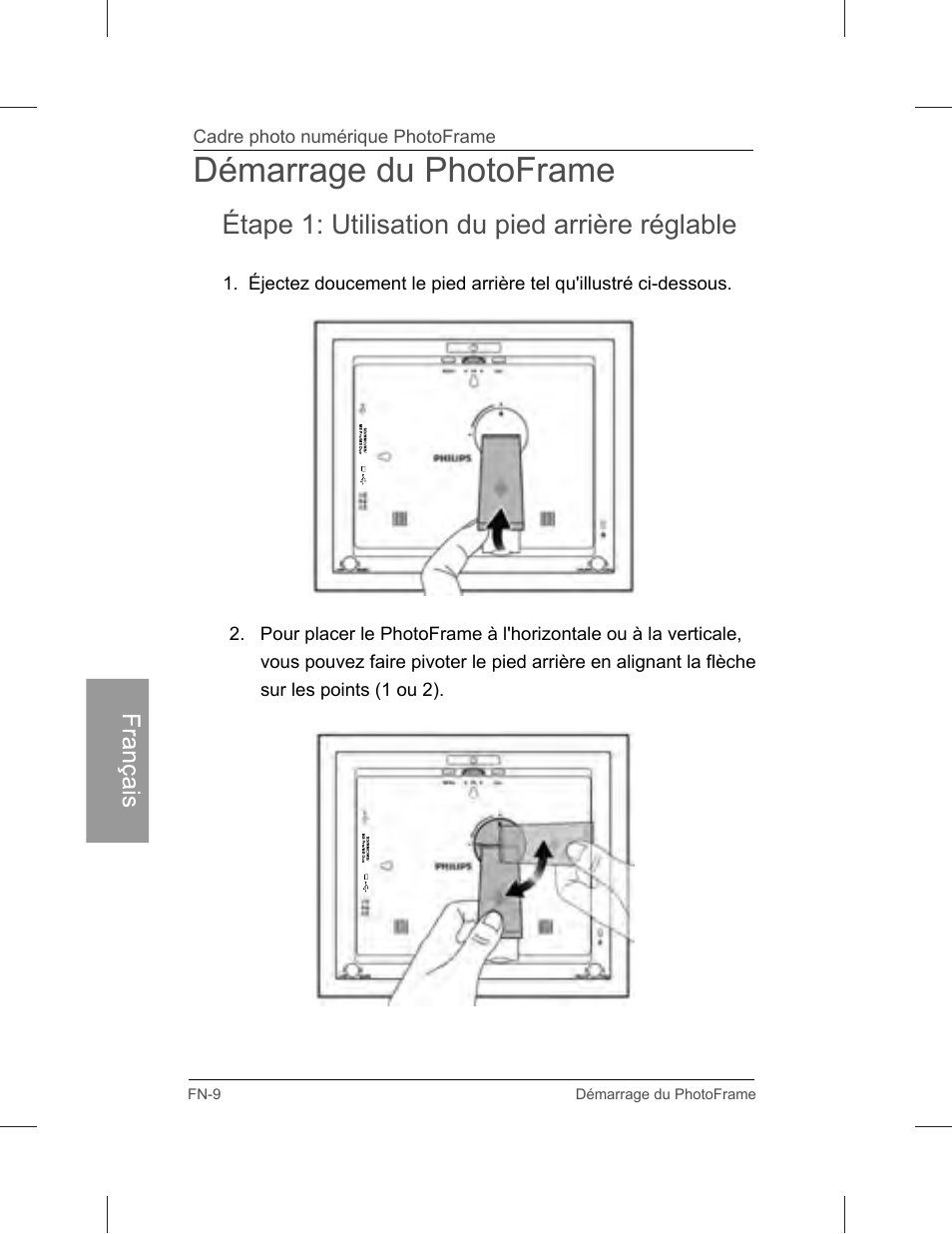 Démarrage du photoframe, Étape 1: utilisation du pied arrière réglable | Philips SPF3071-G7 User Manual | Page 98 / 128