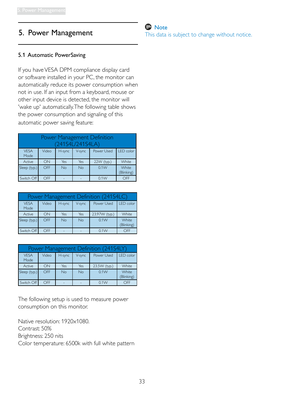 Power management definition (241s4lc), Power management definition (241s4ly), Power management | Philips 241S4LCB-27 User Manual | Page 35 / 54