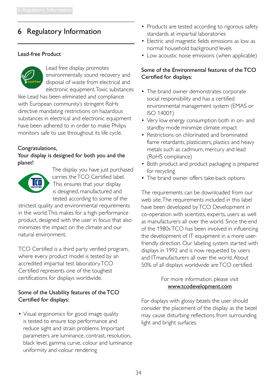 6 regulatory information | Philips 241S4LCB-27 User Manual | Page 36 / 54