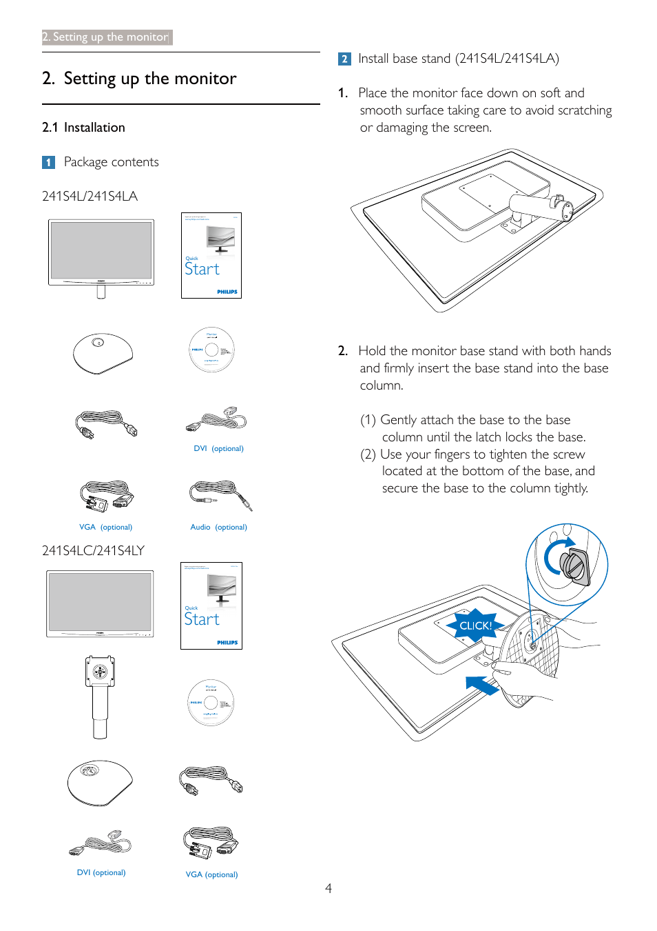 Start, Setting up the monitor | Philips 241S4LCB-27 User Manual | Page 6 / 54