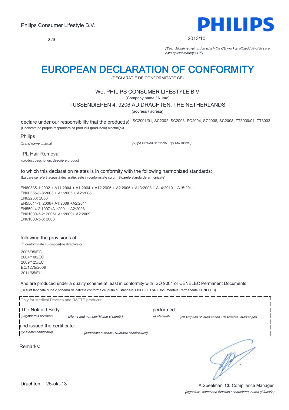 European declaration of conformity | Philips Lumea Precision Plus IPL hair removal system SC2008-11 For use on body face bikini 15 minutes to treat lower legs Lifetime >140.000 light pulses Cordless design User Manual | Page 15 / 22