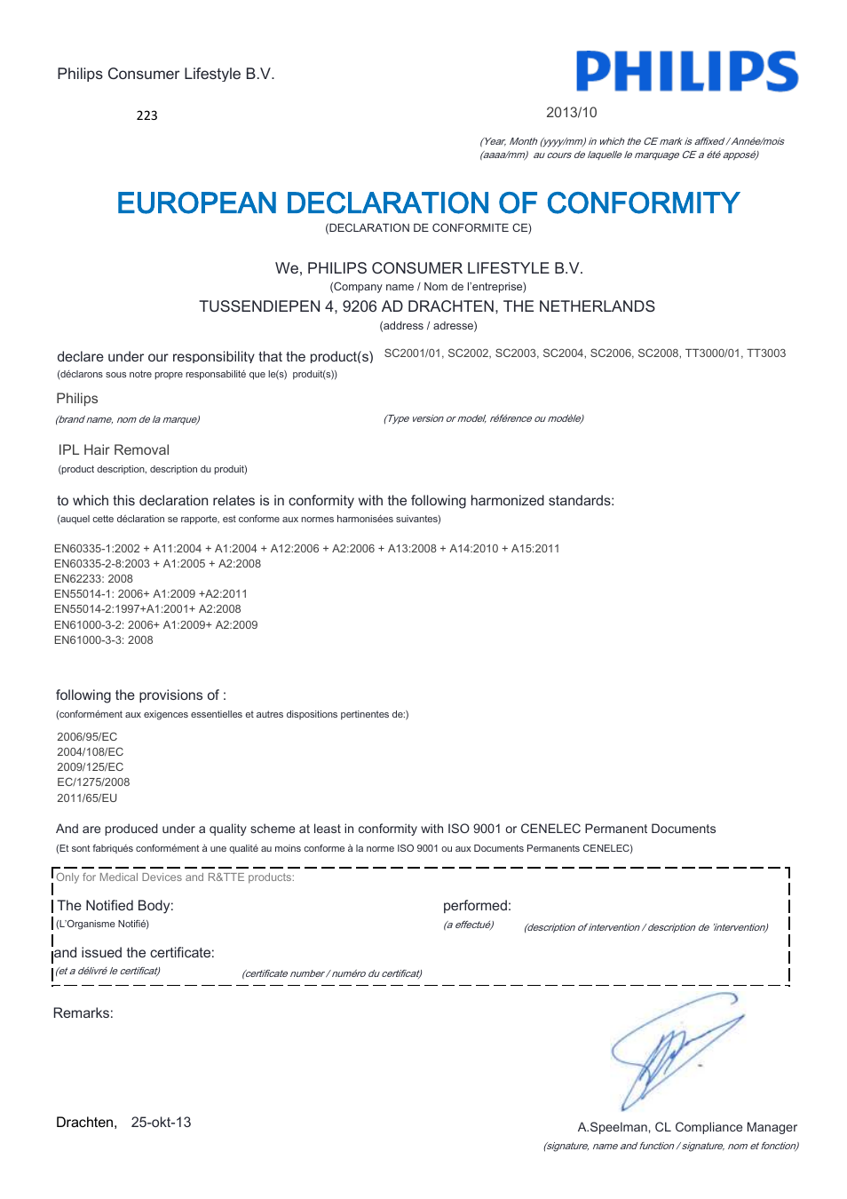 European declaration of conformity | Philips Lumea Precision Plus IPL hair removal system SC2008-11 For use on body face bikini 15 minutes to treat lower legs Lifetime >140.000 light pulses Cordless design User Manual | Page 3 / 22