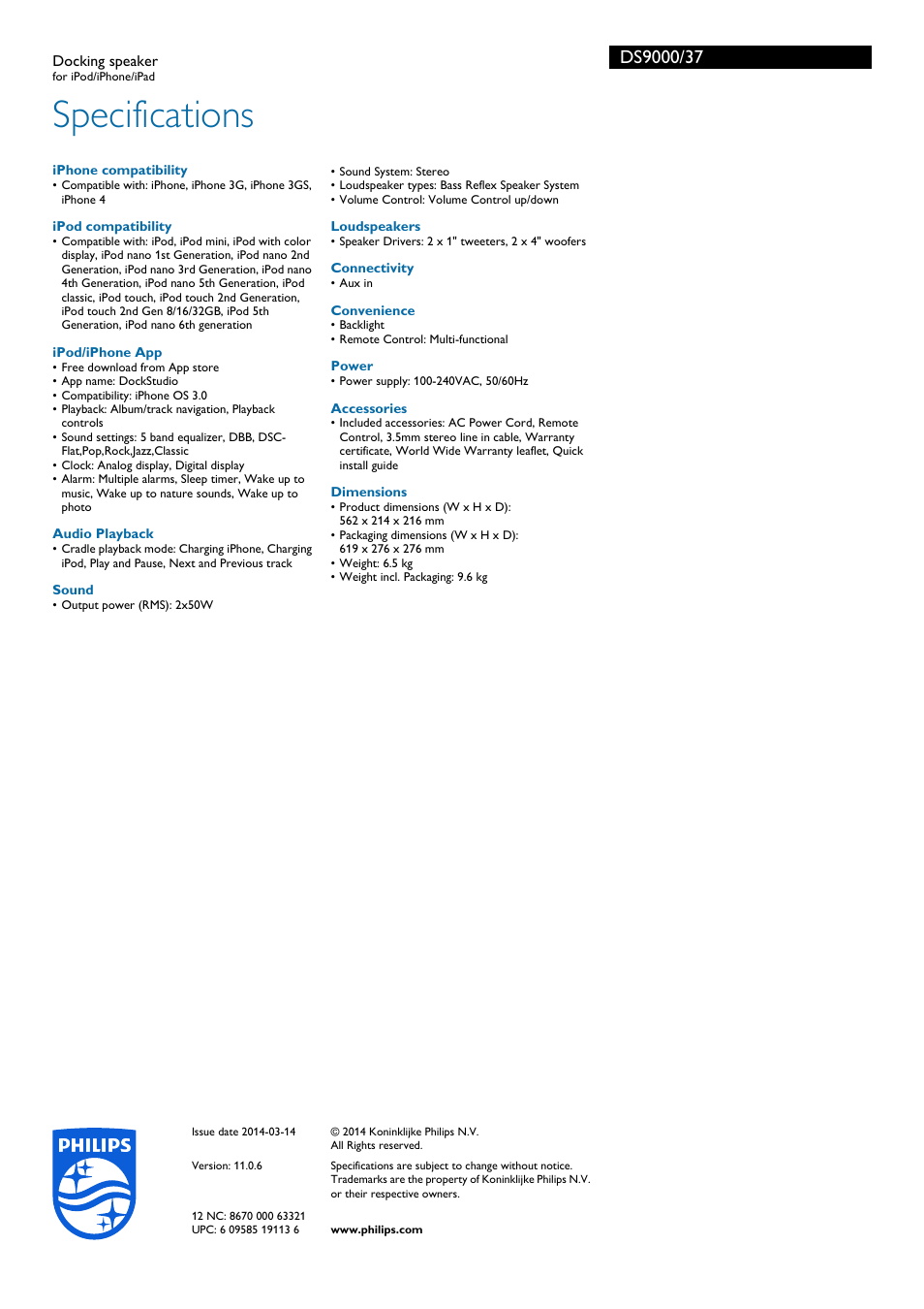 Specifications | Philips DS9000-37 User Manual | Page 3 / 3