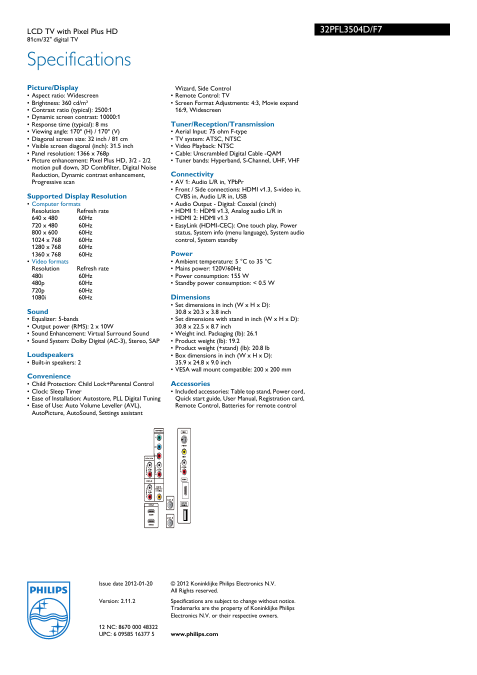 Specifications | Philips 32PFL3504D-F7 User Manual | Page 3 / 3