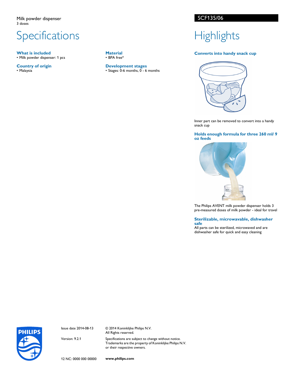 Specifications, Highlights | Philips SCF135-06 User Manual | Page 2 / 2