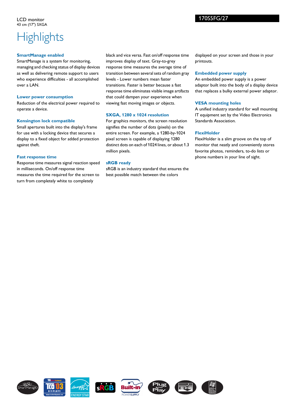 Highlights | Philips 170S5FG-27 User Manual | Page 2 / 3