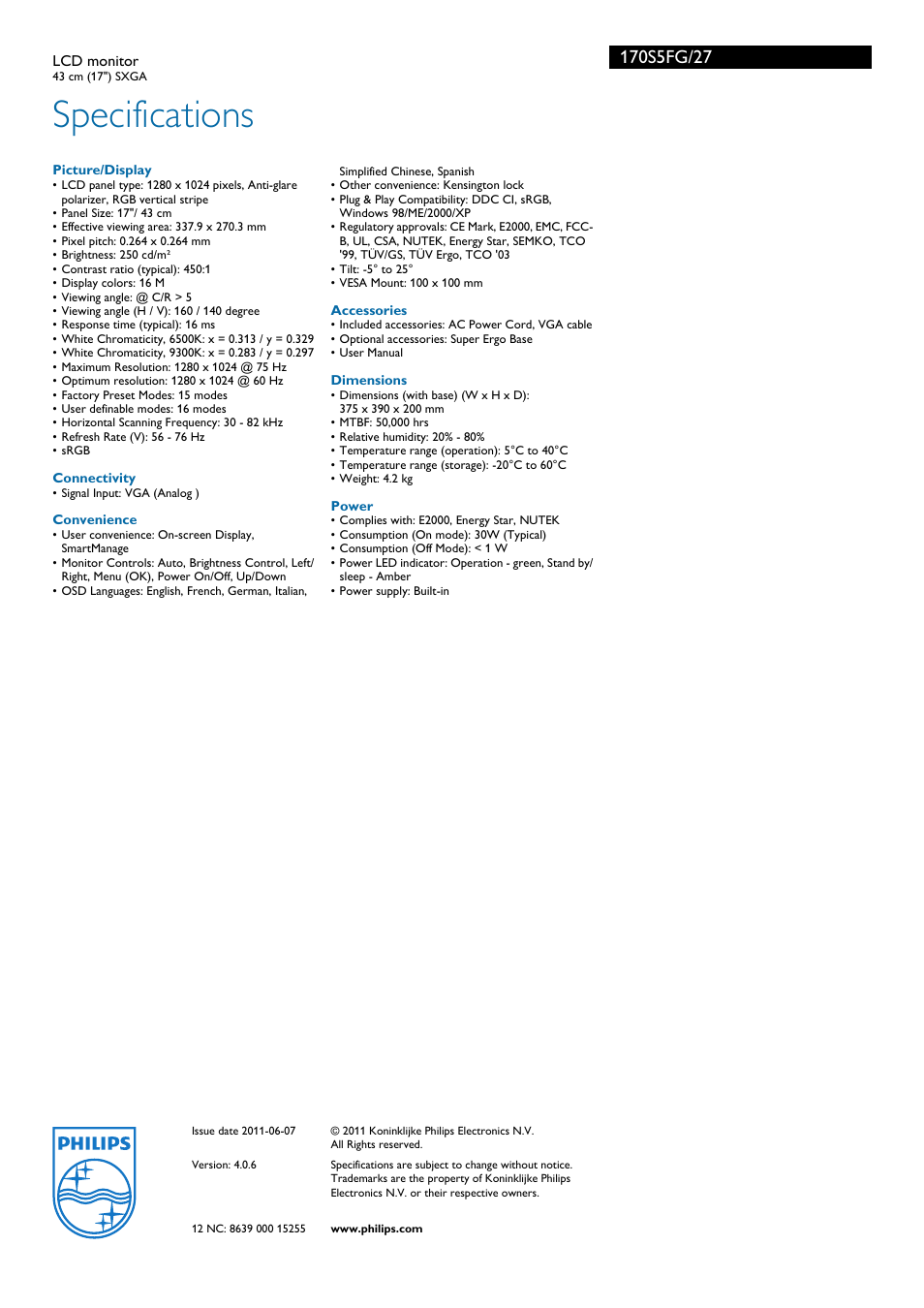 Specifications | Philips 170S5FG-27 User Manual | Page 3 / 3