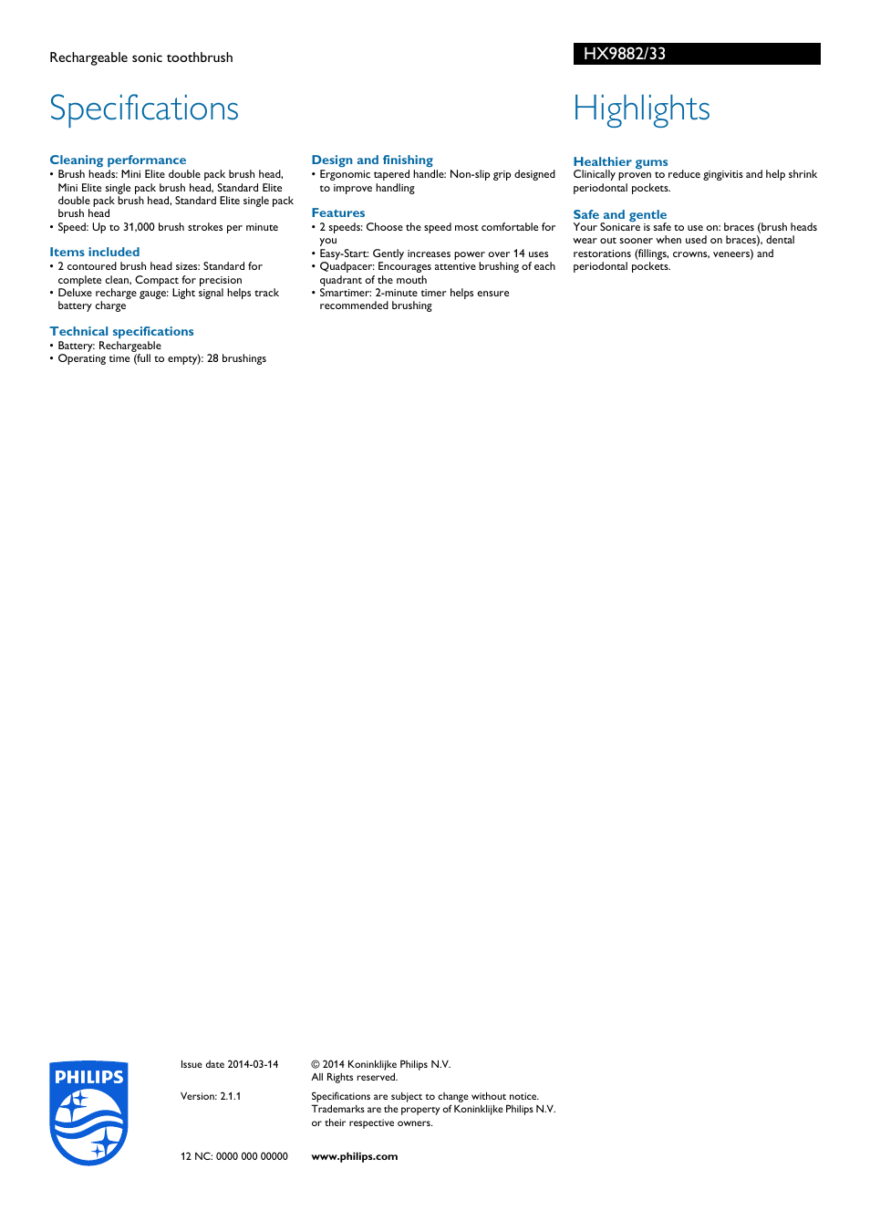 Specifications, Highlights | Philips HX9882-33 User Manual | Page 2 / 2