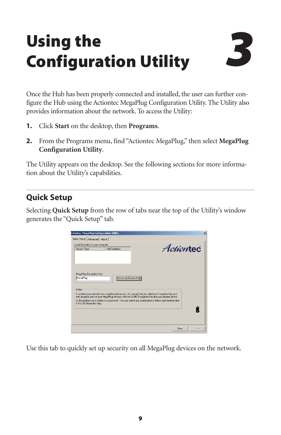 Using the configuration utility, Quick setup | Actiontec electronic HPE400T User Manual | Page 12 / 55
