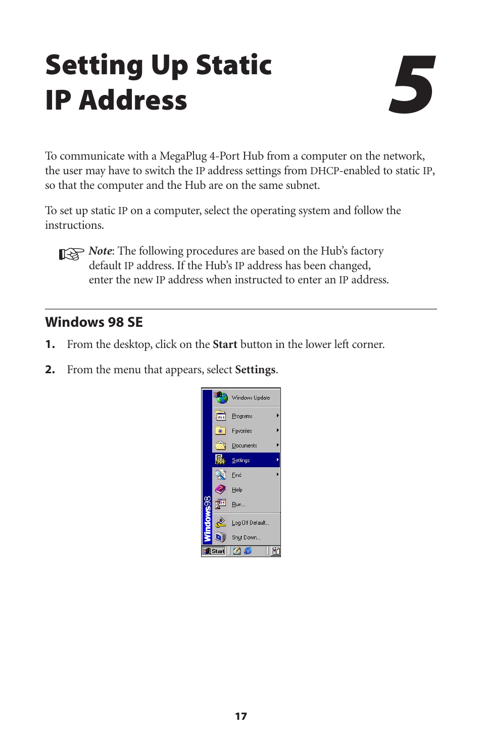 Setting up static ip address, Windows 98 se | Actiontec electronic HPE400T User Manual | Page 20 / 55